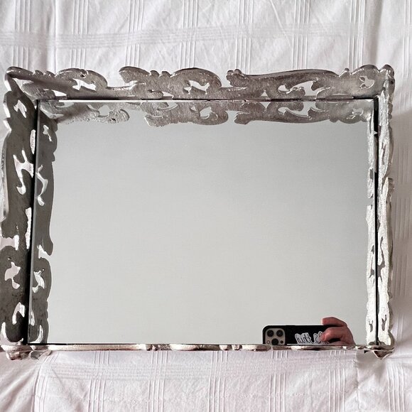 Footed Mirror Tray Silver Perfume Dresser Ornate Elegant 16" x 11" x 3.25" - Picture 3 of 15